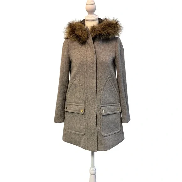 J.Crew Wool Blend Coat with Faux Fur‎ Hood Gray Winter Outerwear Sz Petite 00